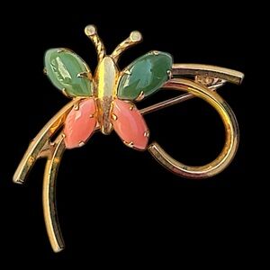 Vintage Gold Filled Jade and Pink Stone Butterly Brooch Pin Signed Art